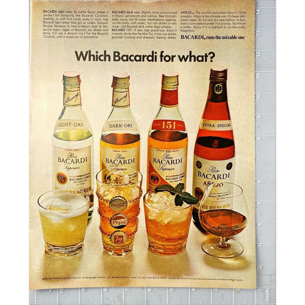 Bacardi Rum "Which Bacardi for what?" Vintage Print Ad 1970
